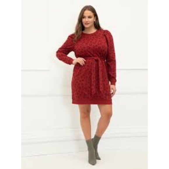 Eloquii Elements Puff Sleeve Leopard Print Sweatshirt Dress Belted Size 22/24 - Picture 1 of 15